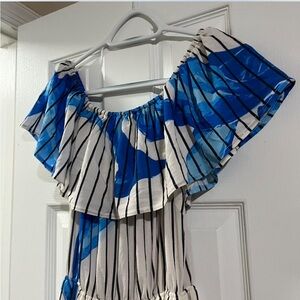 Blue & White Off-Shoulder Ruffle jumpsuit M EUC